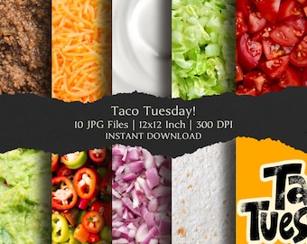 Kit de papier numérique Taco Tuesday 30,5 x 30,5 cm, 10 journaux numériques à téléchargement immédiat JPEG haute résolution, scrapbooking, arrière-plans créatifs imprimables