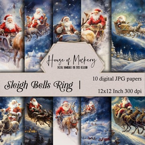 Sleigh Bells Ring Digital Scrapbook Paper Kit 12x12 Inch, 10 Digital INSTANT DOWNLOAD High Definition Papers, Christmas Holiday Theme