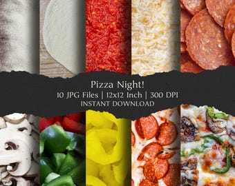Pizza Night! Digital Paper Kit 12x12 Inch, 10 Digital INSTANT DOWNLOAD Hi-Res JPEG Junk Journal, Scrapbooking, Printable Craft Backgrounds