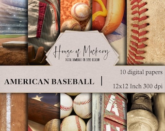 American Baseball Digital Scrapbook Paper Kit/12x12, 10 Digital INSTANT DOWNLOAD High Definition Papers, Sports Theme Digi Scrapbook Paper