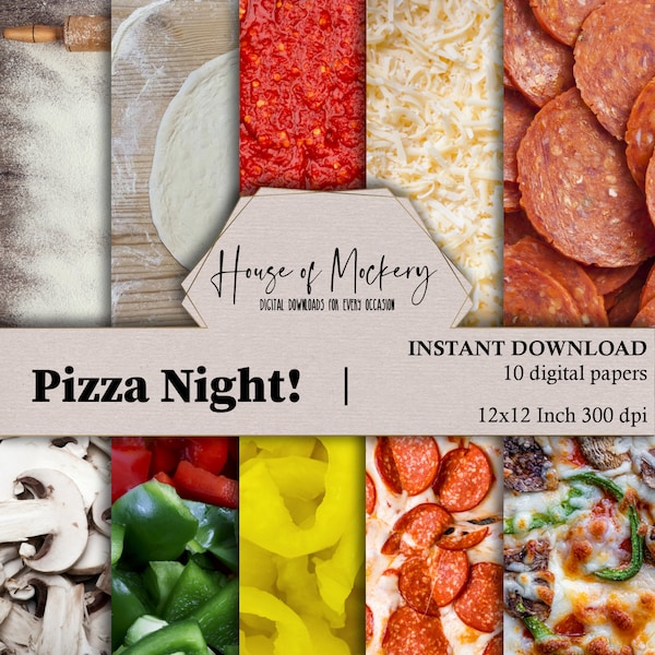 Pizza Night! Digital Scrapbook Paper Kit 12x12 Inches, 10 Digital INSTANT DOWNLOAD High Definition Papers, Food Themed Scrapbook Paper