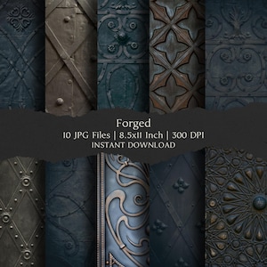 May include: A collection of ten digital images showcasing various forged metal textures. The images feature intricate patterns and designs in shades of gray, brown, and blue. The text "Forged" and other details are included.