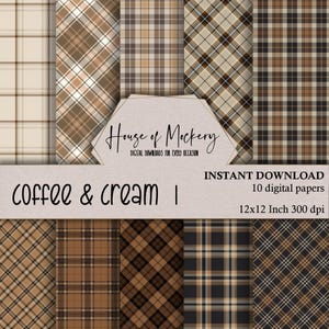 Coffee & Cream Digital Paper Kit 12x12 Inch, 10 Digital INSTANT DOWNLOAD HD Papers, Brown and Cream Plaid Digital Scrapbook Journal Paper