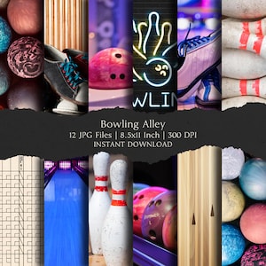 May include: A collage of images related to bowling. Includes bowling balls, pins, shoes, and a neon sign that says "WLIN". The text "Bowling Alley" and "INSTANT DOWNLOAD" are also visible.