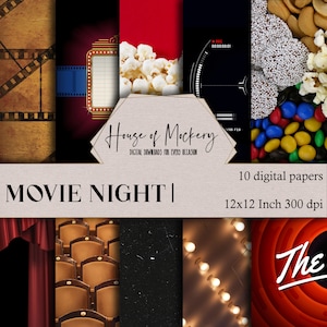 Movie Night Digital Scrapbook Paper Kit 12x12 Inch, 10 Digital INSTANT DOWNLOAD High Definition Papers, Entertainment Themed Digital Paper
