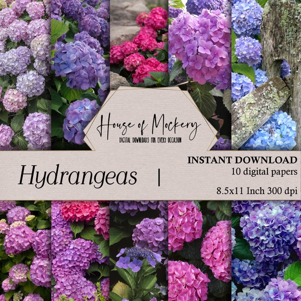 Hydrangeas Digital Paper Kit 8.5x11 Inch, 10 Digital INSTANT DOWNLOAD High Definition 300 dpi, Junk Journal Digital Scrapbook Backgrounds