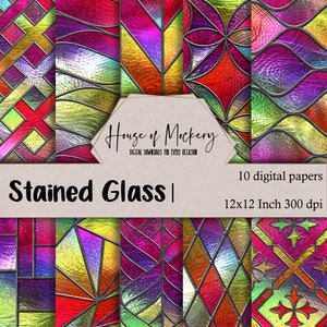 Stained Glass Digital Scrapbook Paper Kit 12x12 Inch 300 DPI, 10 Digital INSTANT DOWNLOAD High Def Papers, Glass Textures Scrapbook Paper