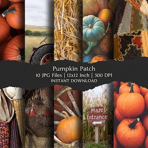 May include: A collage of autumn-themed images. It includes pumpkins, hay, a tractor, and a sign that says "Maze Entrance". The text "Pumpkin Patch" and product details are also visible. The images are 12x12 inches.