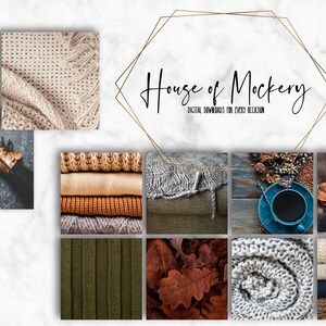 May include: A collage of autumn-themed images. Includes a pair of brown leather boots, stacks of sweaters in various colors, a cup of coffee, and a knitted blanket. The text "House of Mockery" is displayed with the tagline "DIGITAL DOWNLOADS FOR EVERY OCCASION".
