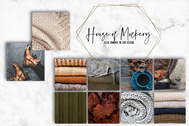 May include: A collage of autumn-themed images. Includes a pair of brown leather boots, stacks of sweaters in various colors, a cup of coffee, and a knitted blanket. The text "House of Mockery" is displayed with the tagline "DIGITAL DOWNLOADS FOR EVERY OCCASION".