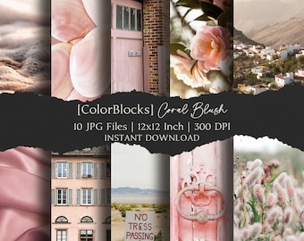 ColorBlocks-Coral Blush Digital Paper Kit 12x12 Inch, 10 Digital INSTANT DOWNLOAD Hi-Res JPEG Junk Journal, Scrapbooking, Printable Crafts