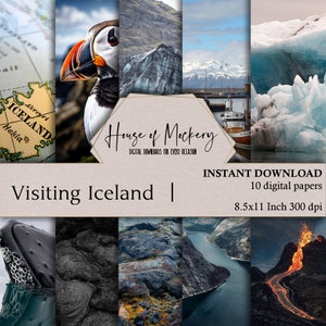 Visiting Iceland Digital Scrapbook Paper Kit/8.5x11 Inch, 10 Digital INSTANT DOWNLOAD High Definition Papers, Destination Themed Backgrounds