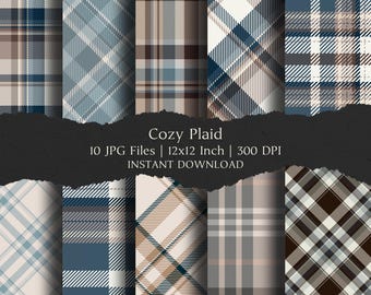 May include: A collection of ten digital plaid patterns in shades of blue, beige, and brown. Each pattern features a unique arrangement of intersecting lines, creating a classic plaid design. The text "Cozy Plaid" is displayed, along with file details.
