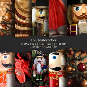 May include: A collage featuring elements from "The Nutcracker" ballet. It includes a Christmas tree with ornaments, a theater interior, a ballerina's red skirt, ballet shoes, and several nutcracker figures. The text "The Nutcracker" is displayed.