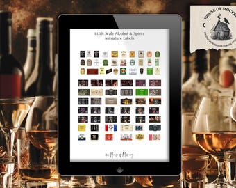 1:12 miniatuur etiketten voor alcohol en gedistilleerde dranken 72 digitale INSTANT DOWNLOAD afbeeldingen/poppenhuis/flessen/afdrukbare whiskylabels/300 dpi