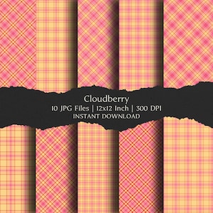 May include: Digital paper pack featuring various plaid patterns in shades of pink, peach, and yellow. The patterns include diagonal and grid designs. The text "Cloudberry" and other details are displayed on a black banner. Each paper is 12x12 inches.