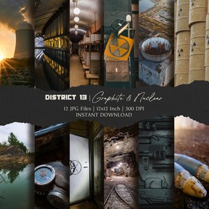 Peut inclure: Collection d'art numérique "District 13 | Graphite & Nuclear" avec 12 fichiers JPG. Les images présentent des thèmes industriels et post-apocalyptiques, avec des scènes variées, dont une centrale nucléaire, des tunnels et des structures industrielles. Chaque image mesure 30.48 x 30.48 cm.