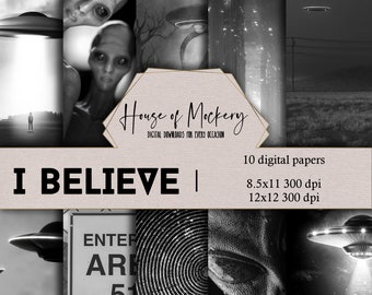 I Believe Digital Scrapbook Paper Kit 8.5x11 and 12x12, 10 Digital INSTANT DOWNLOAD High Definition Papers, Alien/UFO Themed Scrapbook Paper