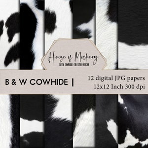 Black & White Cowhide Digital Scrapbook Paper Kit 12x12 Inch, Digital INSTANT DOWNLOAD HD Papers, 12 Cow Print Papers Digital Journal Papers