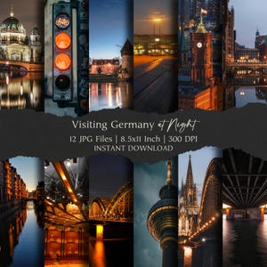Pode incluir: Uma colagem digital com doze imagens da Alemanha à noite. As imagens incluem paisagens urbanas, arquitetura e pontes iluminadas. A sobreposição de texto diz "Visiting Germany at Night" e detalhes do arquivo.