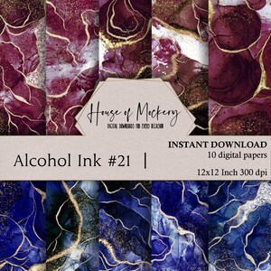 Kit di carta digitale Alcohol Ink Series 12x12 pollici, 10 carte HD digitali con DOWNLOAD IMMEDIATO, sfondi per scrapbooking Junk Journal bordeaux e blu