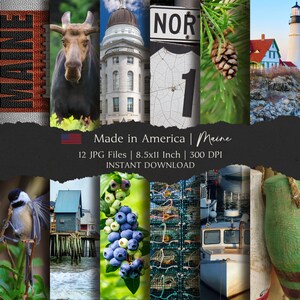 Kit di carta digitale Maine-Made in America Series/8,5 x 11 pollici, 12 sfondi digitali ad alta definizione per diario a tema statale, DOWNLOAD IMMEDIATO
