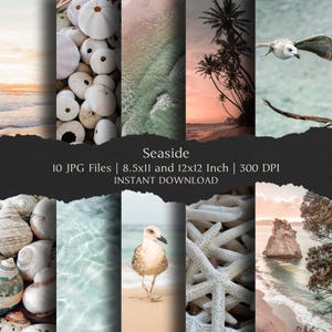 Seaside Digital Paper Kit 8.5x11 and 12x12 Inch, 10 Digital INSTANT DOWNLOAD Hi-Res JPG Journal, Scrapbooking, Printable Craft Backgrounds