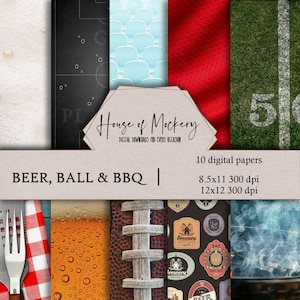 Beer Ball & BBQ Digital Scrapbook Paper Kit 8.5x11 and 12x12, 10 Digital INSTANT DOWNLOAD High Definition Papers, Scrapbook Paper Digital