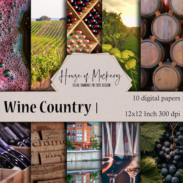 Wine Country Digital Scrapbook Paper Kit 12x12 Inch, 10 Digital INSTANT DOWNLOAD High Def Papers, Realistic Vineyard Themed Scrapbook Paper