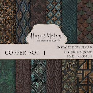 Copper Pot Digital Paper Kit 12x12 Inch, 12 Digital INSTANT DOWNLOAD High Definition Papers, Decorative Metal Scrapbook Paper Junk Journal