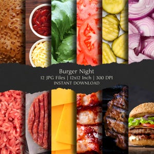 May include: A collage of burger ingredients and components. Includes a sesame seed bun, ketchup, shredded cheese, lettuce, tomato slices, pickles, red onion, ground beef, a cooked burger patty, cheese slices, bacon, and a finished burger. Text reads "Burger Night".