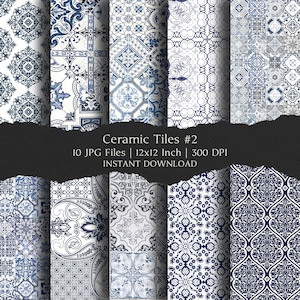 May include: A collection of ten digital ceramic tile designs in shades of blue and white. Each tile features a unique pattern, including floral, geometric, and abstract motifs. The image includes the text "Ceramic Tiles #2" and specifies the file size as 12x12 inches.
