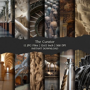 Peut inclure: Un collage numérique intitulé The Curator comprenant 12 fichiers JPG de musées, sculptures en marbre, arches architecturales et artefacts. Le texte indique The Curator, 12 JPG Files, 12x12 Inch, 300 DPI, INSTANT DOWNLOAD.