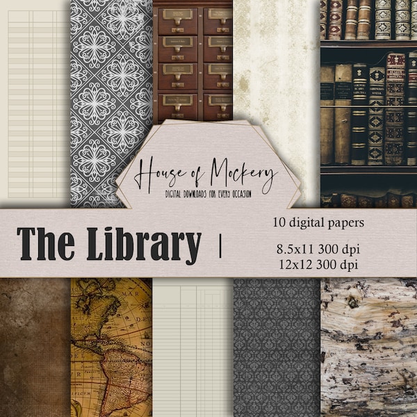 The Library Digital Scrapbook Paper Kit 8.5x11 and 12x12, 10 Digital INSTANT DOWNLOAD High Definition Papers, Scenic Scrapbook Paper Digital