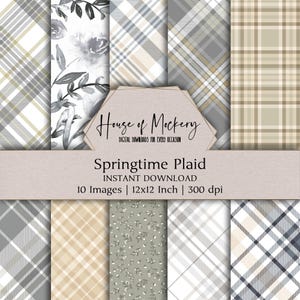 Kit de papel digital a cuadros primaverales de 30 x 30 cm, 10 JPEG digitales de alta resolución con descarga instantánea para diarios basura, álbumes de recortes y manualidades imprimibles.