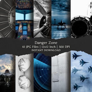 Puede incluir: Una colección digital titulada Danger Zone que contiene 10 archivos JPG, cada uno de 30,48x30,48 cm a 300 DPI. Las imágenes presentan temas de aviación que incluyen componentes de motores a reacción, cabinas, hélices, radares y aviones.