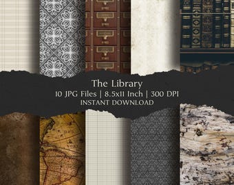 The Library Digital Paper Kit 8.5x11 and 12x12 Inch,10 Digital INSTANT DOWNLOAD Hi-Res JPG for Junk Journal, Scrapbooking & Printable Crafts
