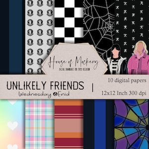 Unlikely Friends Digital Scrapbook Paper Kit/12x12, 10 Digital INSTANT DOWNLOAD High Def Papers, Wednesday Addams Theme Digi Scrapbook Paper