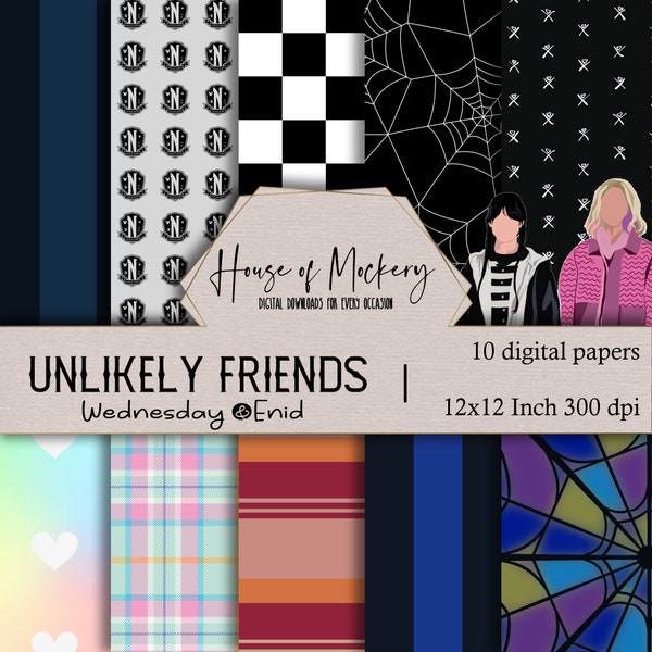 Unlikely Friends Digital Scrapbook Paper Kit/12x12, 10 Digital INSTANT DOWNLOAD High Def Papers, Wednesday Addams Theme Digi Scrapbook Paper