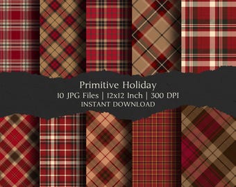 Primitive Holiday Digital Paper Kit 12x12 Inch,10 Digital INSTANT DOWNLOAD Hi-Res JPG Junk Journal, Scrapbooking,Printable Craft Backgrounds