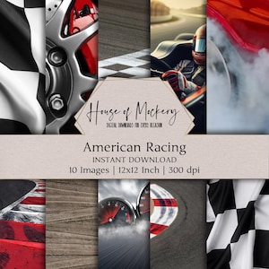 American Racing Digital Paper Kit 12x12 Inch, 10 Digital INSTANT DOWNLOAD Hi-Res JPEGs for Junk Journals, Scrapbooking & Printable Crafts