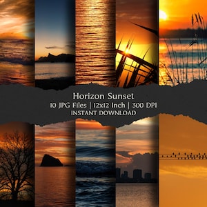 May include: A digital art print featuring ten sunset scenes. Each image showcases a different coastal or natural landscape with vibrant orange, yellow, and red hues. The text "Horizon Sunset" and other details are included. Each image is 12x12 inches.