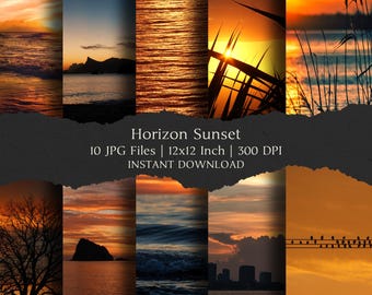 Kit de papel digital Horizon Sunset de 30,5 x 30,5 cm, 10 imágenes JPEG de alta resolución con descarga instantánea para diarios basura, álbumes de recortes y fondos imprimibles para manualidades.