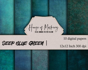 Deep Green Blue Textures Digital Scrapbook Paper Kit/10-12x12 Inch 300 DPI, Digital INSTANT DOWNLOAD Papers, Grunge Texture Scrapbook Paper