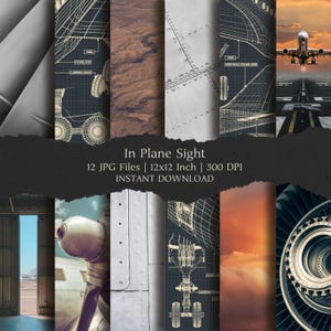 Puede incluir: Una colección digital titulada In Plane Sight que incluye 12 archivos JPG, cada uno de 30,48 x 30,48 cm a 300 DPI. Las imágenes incluyen planos técnicos de aviones, texturas de fuselaje metálico, vistas aéreas y detalles de motores.