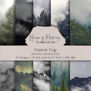Forest Fog デジタルペーパーキット 8.5x11インチと12x12インチ、10枚のデジタルインスタントダウンロード 高解像度JPEG ジャンクジャーナル、スクラップブック、印刷可能なクラフト