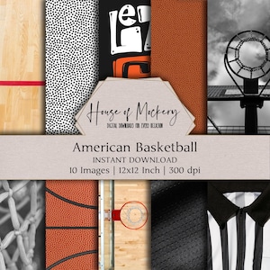 Kit de papel digital de baloncesto americano de 30 x 30 cm (12 x 12 pulgadas), 10 imágenes digitales de descarga instantánea en formato JPEG de alta resolución para diarios de recortes, scrapbooking y manualidades imprimibles.