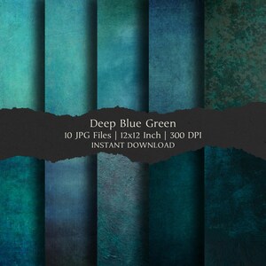 Peut inclure: Une impression d'art numérique présentant dix arrière-plans texturés dans des tons de bleu profond et de vert. L'image comprend le texte "Deep Blue Green" et des détails sur la taille du fichier, les dimensions (30,48 x 30,48 cm) et la résolution.