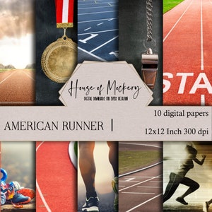 Kit de papel para scrapbook digital American Runner/12x12, 10 papéis digitais de alta definição para download instantâneo, papel para scrapbook digital com tema esportivo