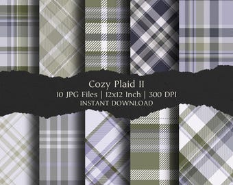 May include: A collection of ten digital plaid patterns in shades of green, gray, and purple. Each pattern is a 12x12 inch JPG file. The text "Cozy Plaid II" and other details are displayed on the image.